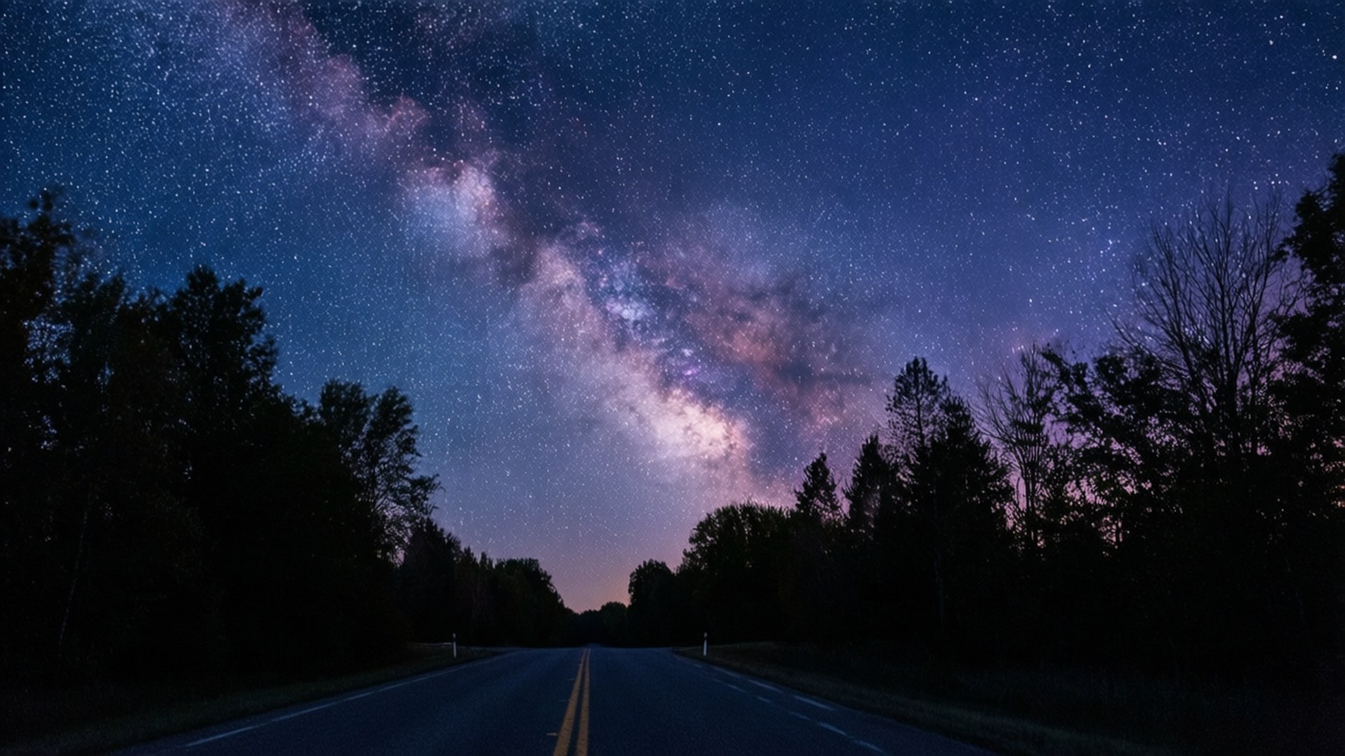 在可見銀河的星空下，一條被樹木環繞的黑暗道路