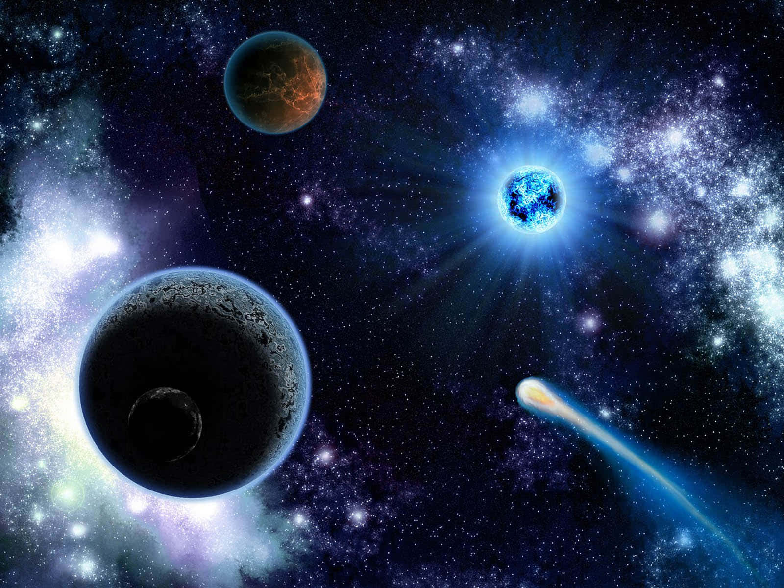 深空中充滿活力的宇宙場景，有行星、星雲和彗星。