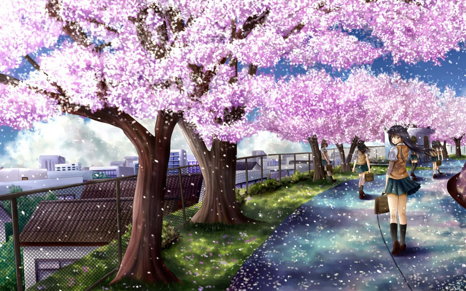 動漫女孩在春天的城市公園裡走在櫻花樹下。