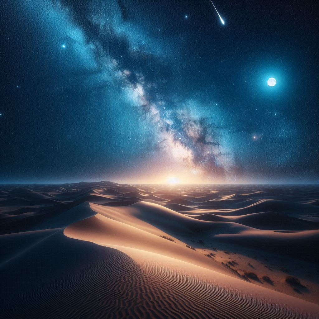 繁星點綴的沙漠夜景 壁紙 — 沙漠沙丘景觀，在充滿星星的鮮豔藍色夜空、發光的月亮和地平線上的流星之下。