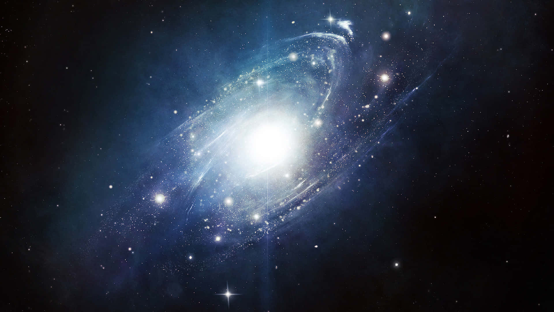 一個明亮的螺旋星系，帶有旋轉的旋臂和發光的星星，在深空中。