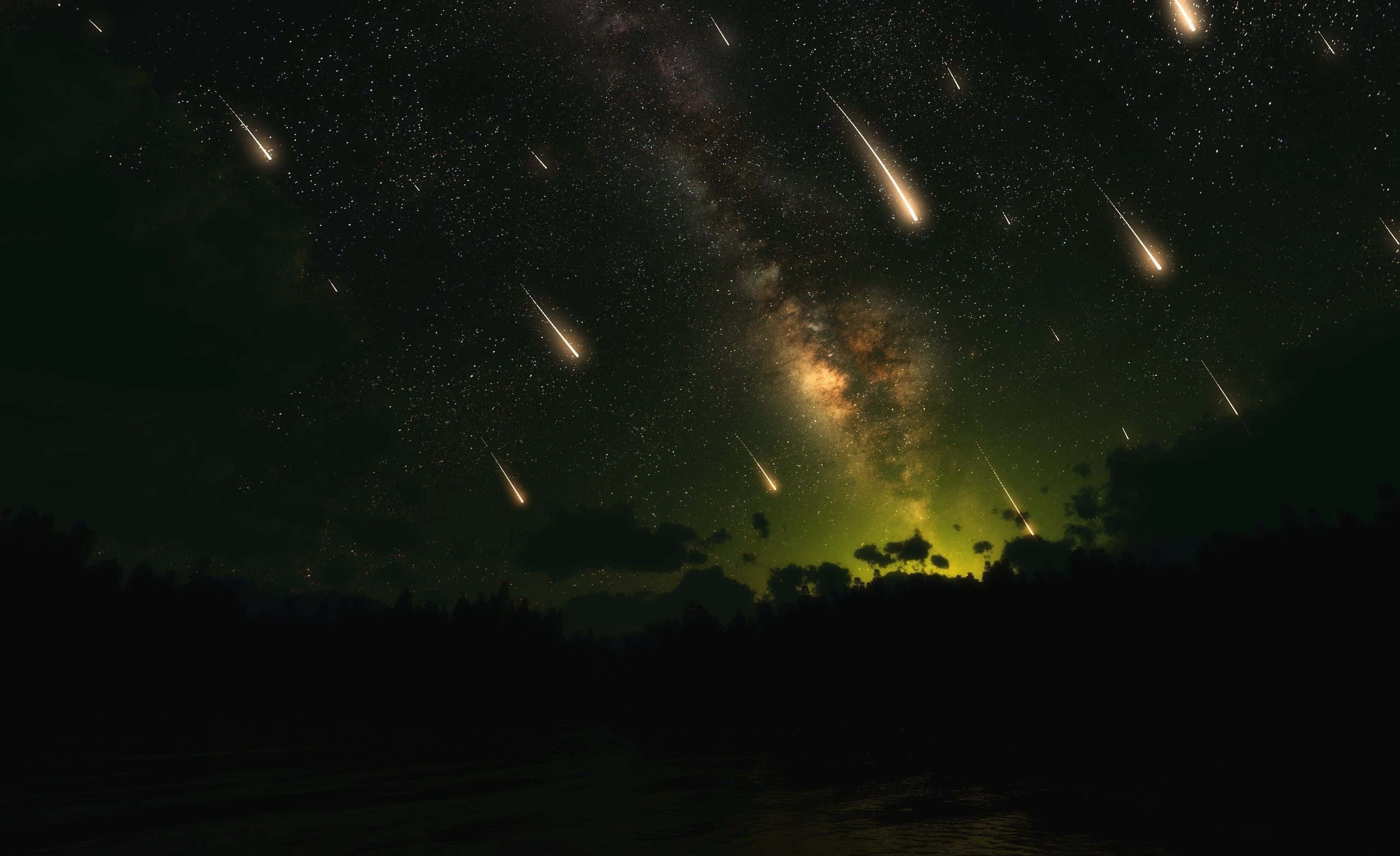 meteor 桌布 壁紙 — 繁星點點的夜空，流星和銀河拱起在黑暗的森林剪影之上。