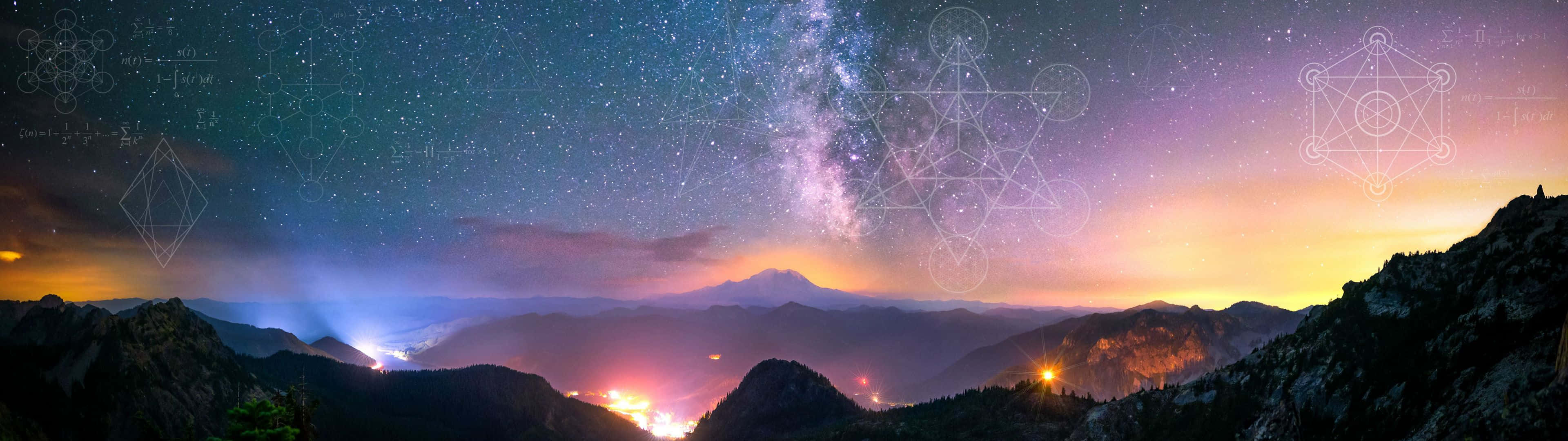 Sacred Geometry 桌布 壁紙 — 繁星點點的夜空，銀河拱跨山峰，發光的幾何符號漂浮在上方。