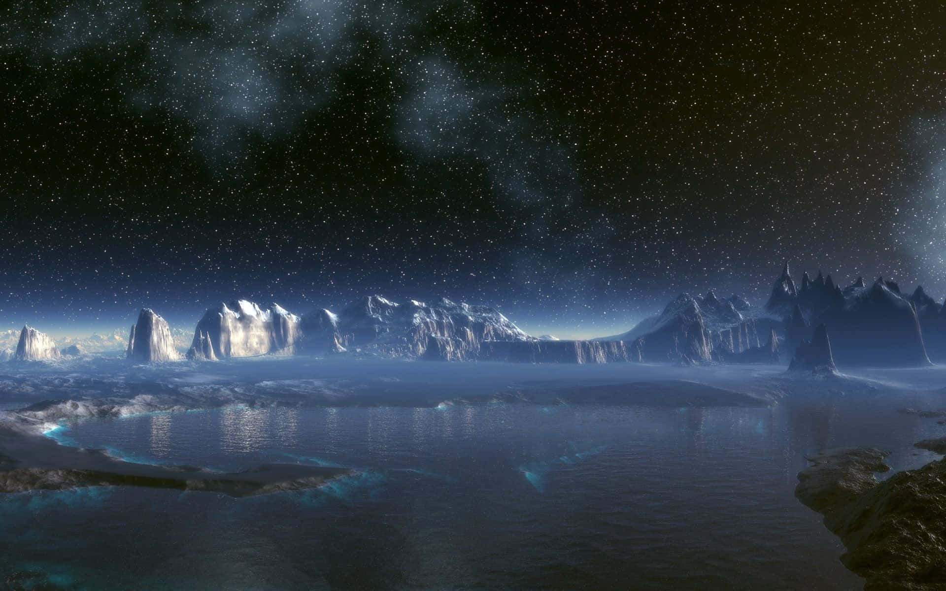 Antarctica 桌布 壁紙 — 繁星點點的夜空籠罩著崎嶇的冰山，在平靜的藍色海洋中倒映，下方是宇宙雲層。