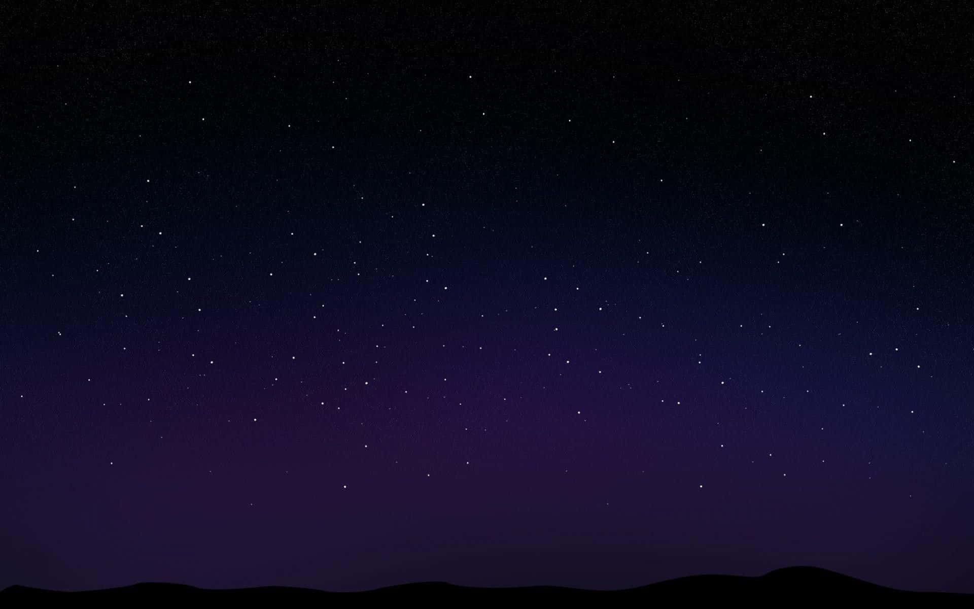 深紫色夜空，星星在黑色山丘剪影上方閃爍。