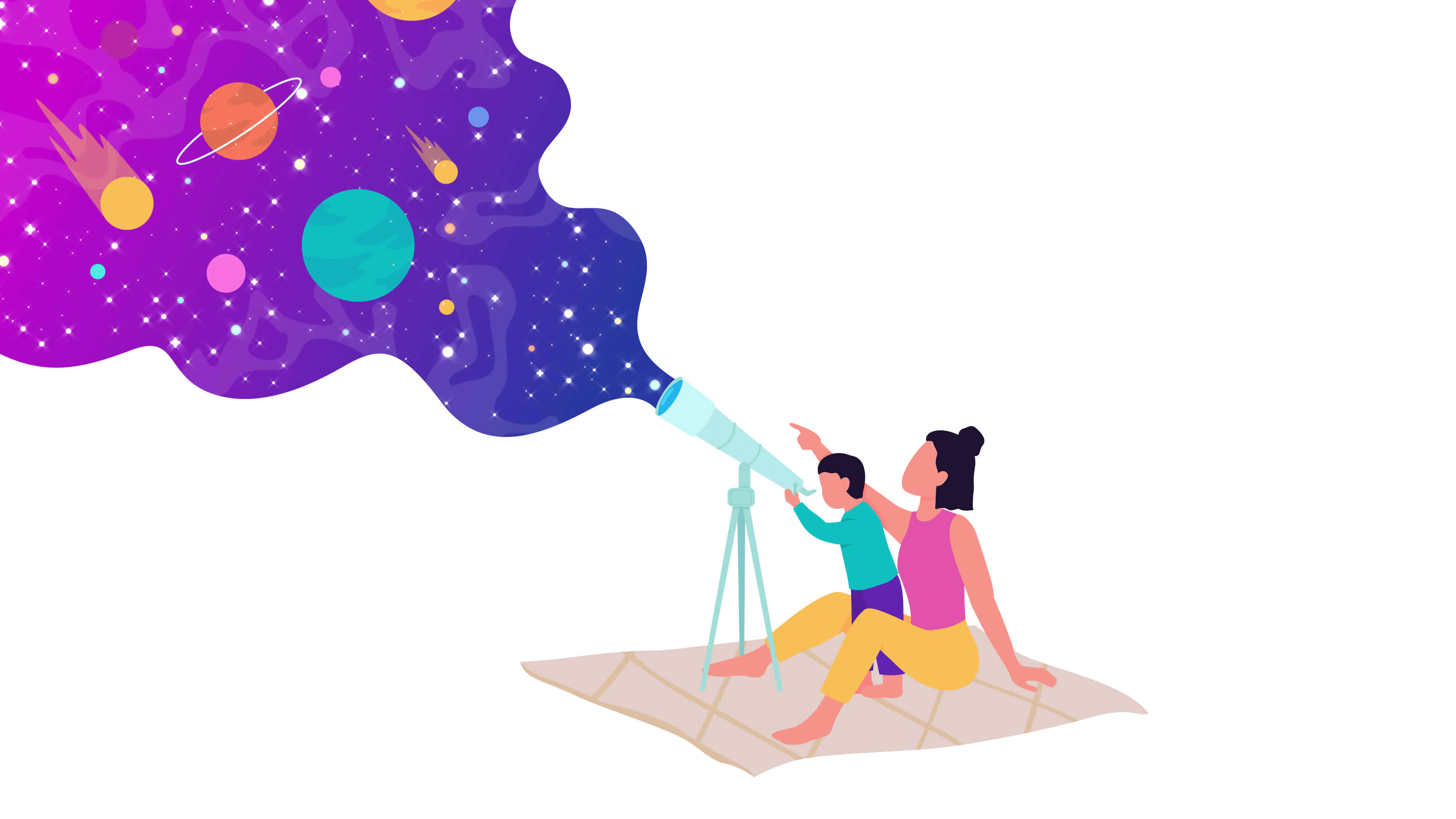 繁星點點的魔法夜空 壁紙 — 一位母親和孩子坐在毯子上，透過望遠鏡凝視，一個充滿活力的宇宙星雲從鏡頭中迸發出來。
