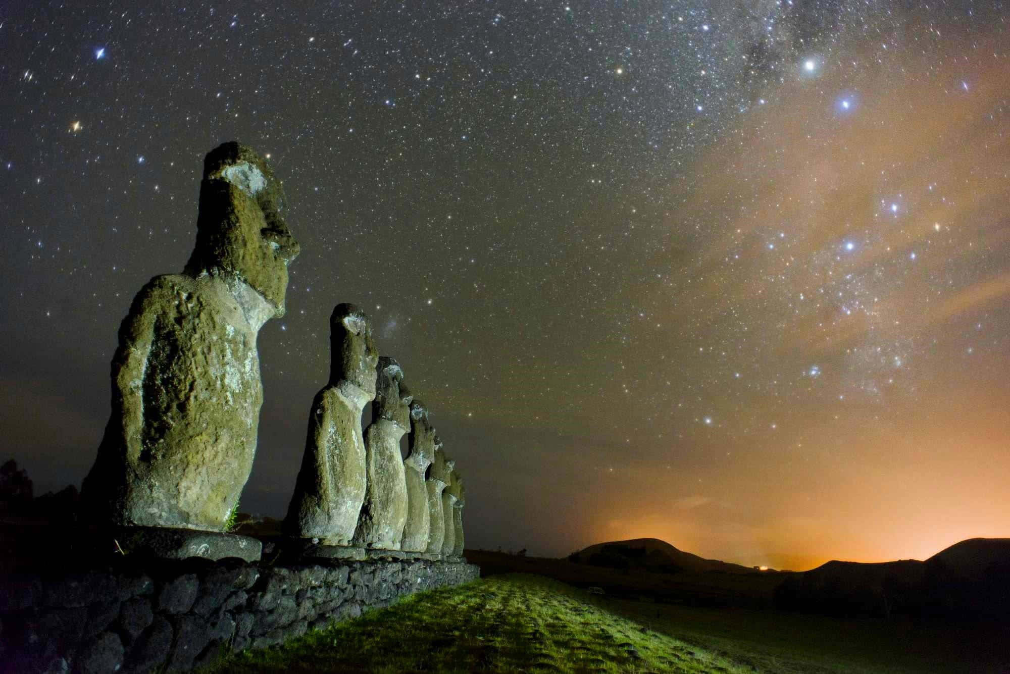 繁星點點背景下的摩艾石像 壁紙 — 古代石像摩艾在令人嘆為觀止的星空下莊嚴矗立，銀河閃耀。