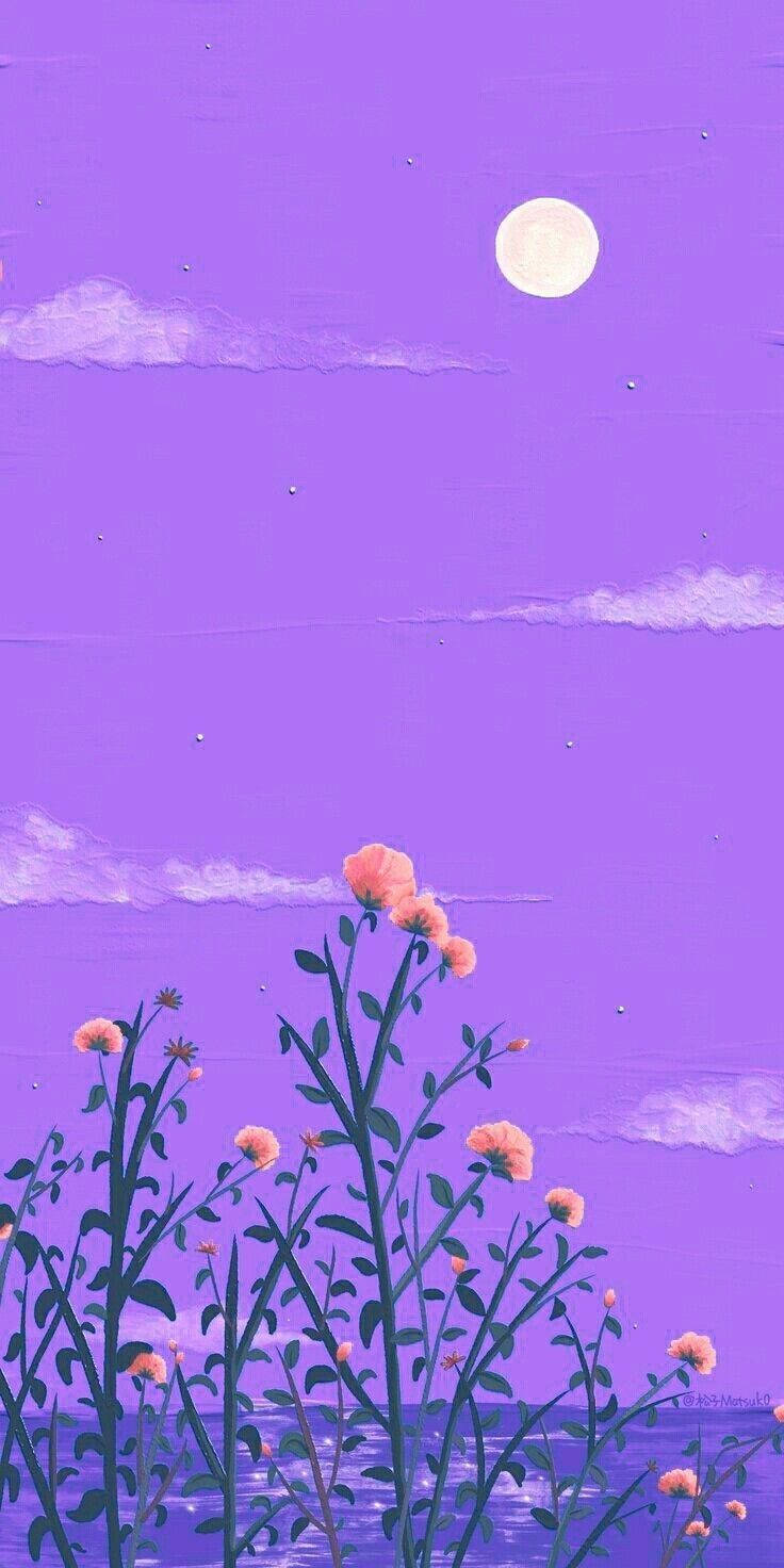 粉紅花朵在紫色夜空的滿月下搖曳。