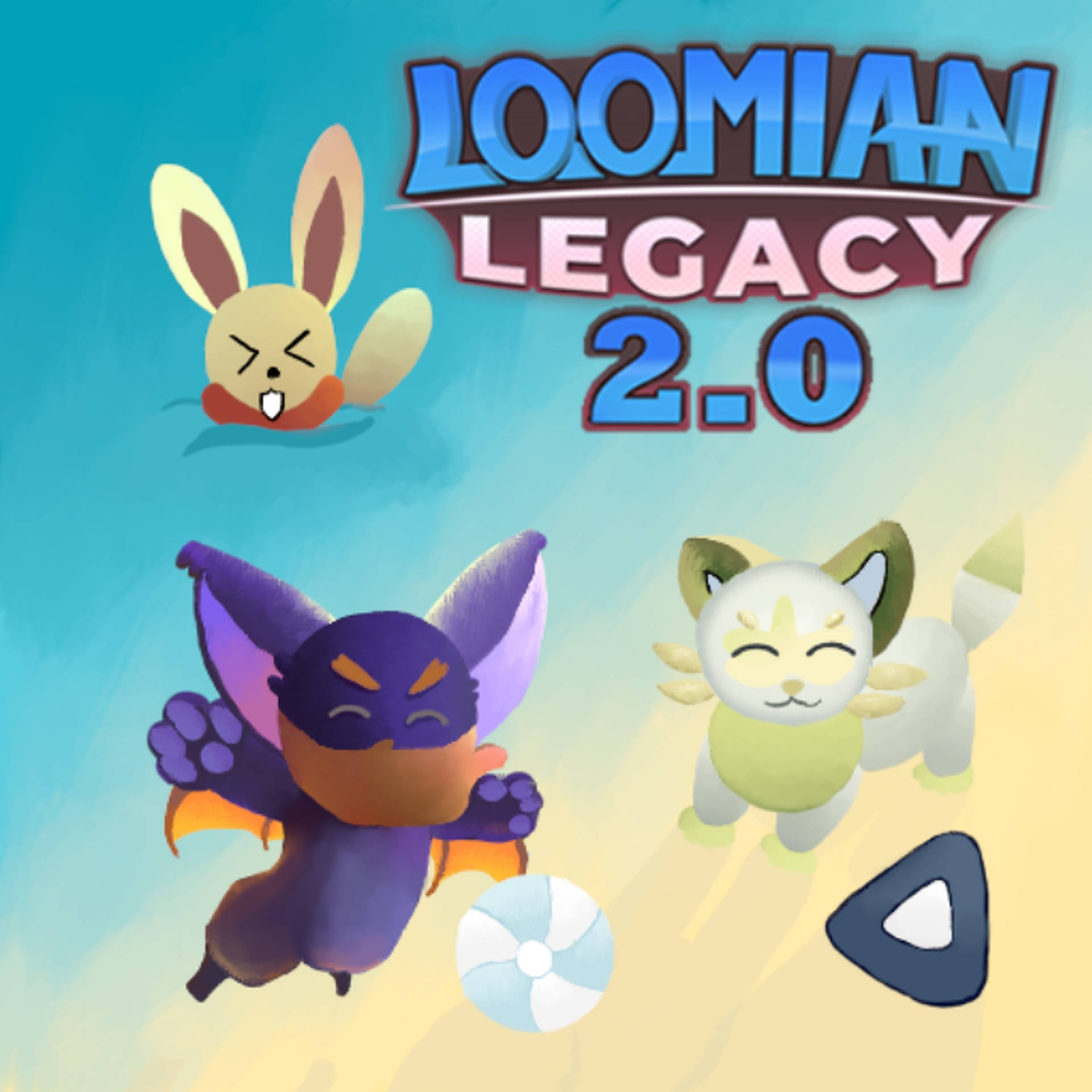 三個動畫遊戲角色在色彩繽紛的天空中漂浮，帶有 'Loomian Legacy 2.0' 文字。