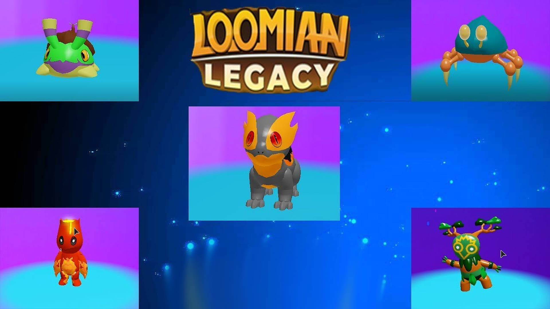 五種顏色的Loomian生物顯示在帶有宇宙背景的遊戲壁紙中。