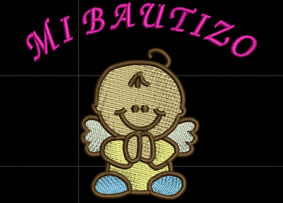 繡有「MI BAUTIZO」的天使圖案 壁紙 — 一個快樂的刺繡嬰兒天使，有翅膀和藍色的腳，坐在黑色背景上粉紅色刺繡文字「MI BAUTIZO」的下方。