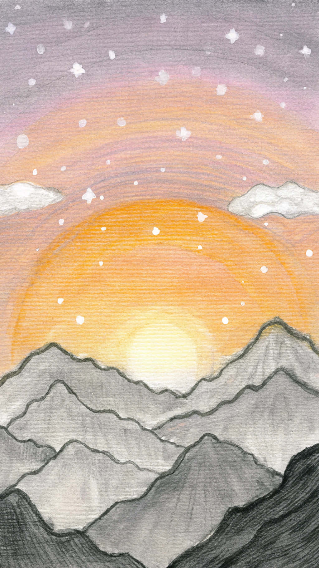 繪畫太陽 壁紙 — 手繪的日落，灰色山脈，橙色天空和白色星星。