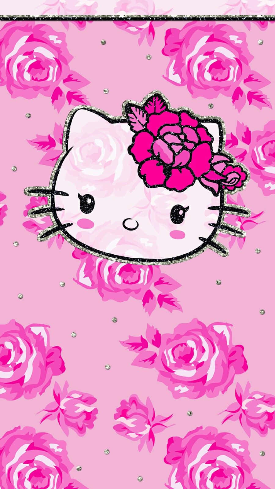 繪畫玫瑰粉紅 Hello Kitty 壁紙 — Hello Kitty 戴著粉紅色花冠，被鮮豔的粉紅玫瑰和閃閃發光的水晶環繞在粉紅色背景上。