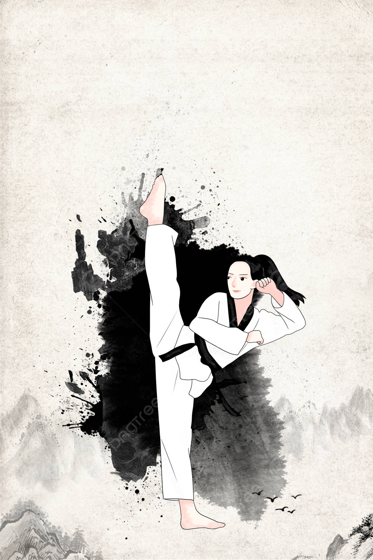 繪畫跆拳道女孩數位藝術作品 壁紙 — 一位身穿白色道服的武術家，在黑色墨跡飛濺的背景襯托下，配合遠山和飛鳥，施展高踢腿動作。