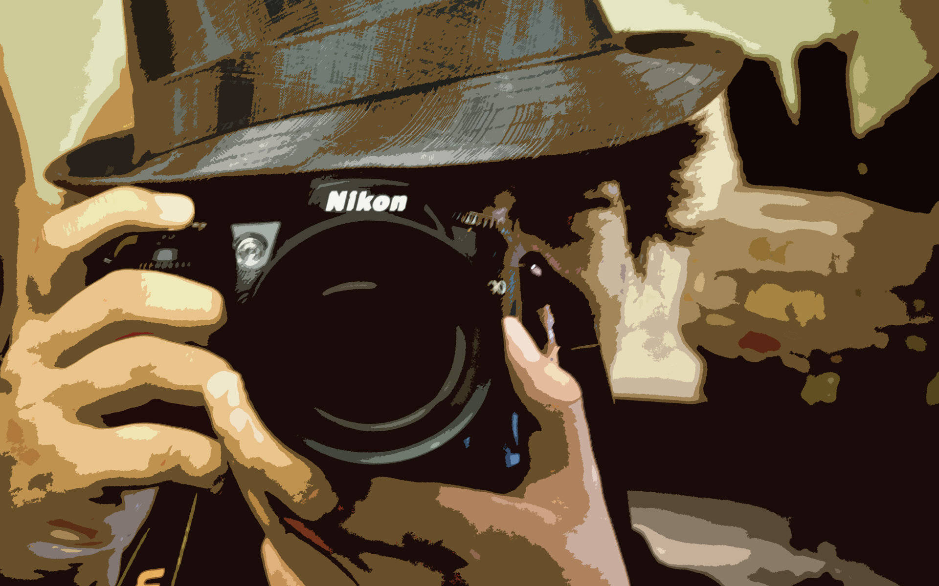 戴著軟呢帽的人將Nikon相機舉到眼睛