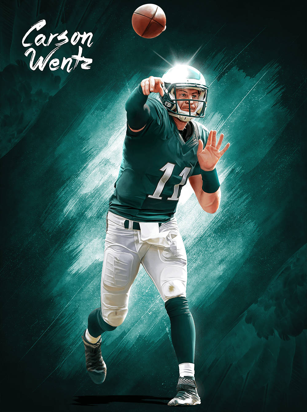 繪製藝術 NFL 卡森·溫茲 壁紙 — 美式足球四分衛 Carson Wentz 身穿青綠色11號球衣，在動態的青綠色和黑色背景前投球。