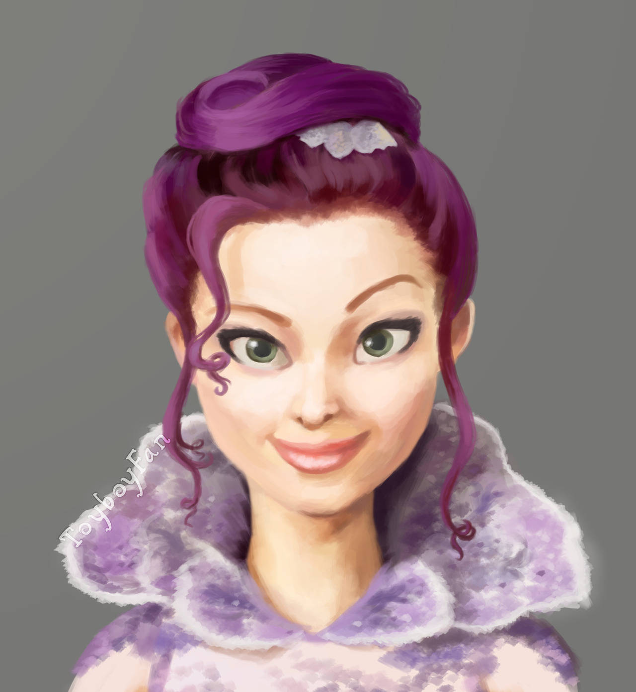 《繼承者》瑪爾紫色髮髻 壁紙 — 一幅充滿活力的數碼肖像，描繪一位擁有紫色頭髮和綠色眼睛、穿著毛絨紫色領子的女性。
