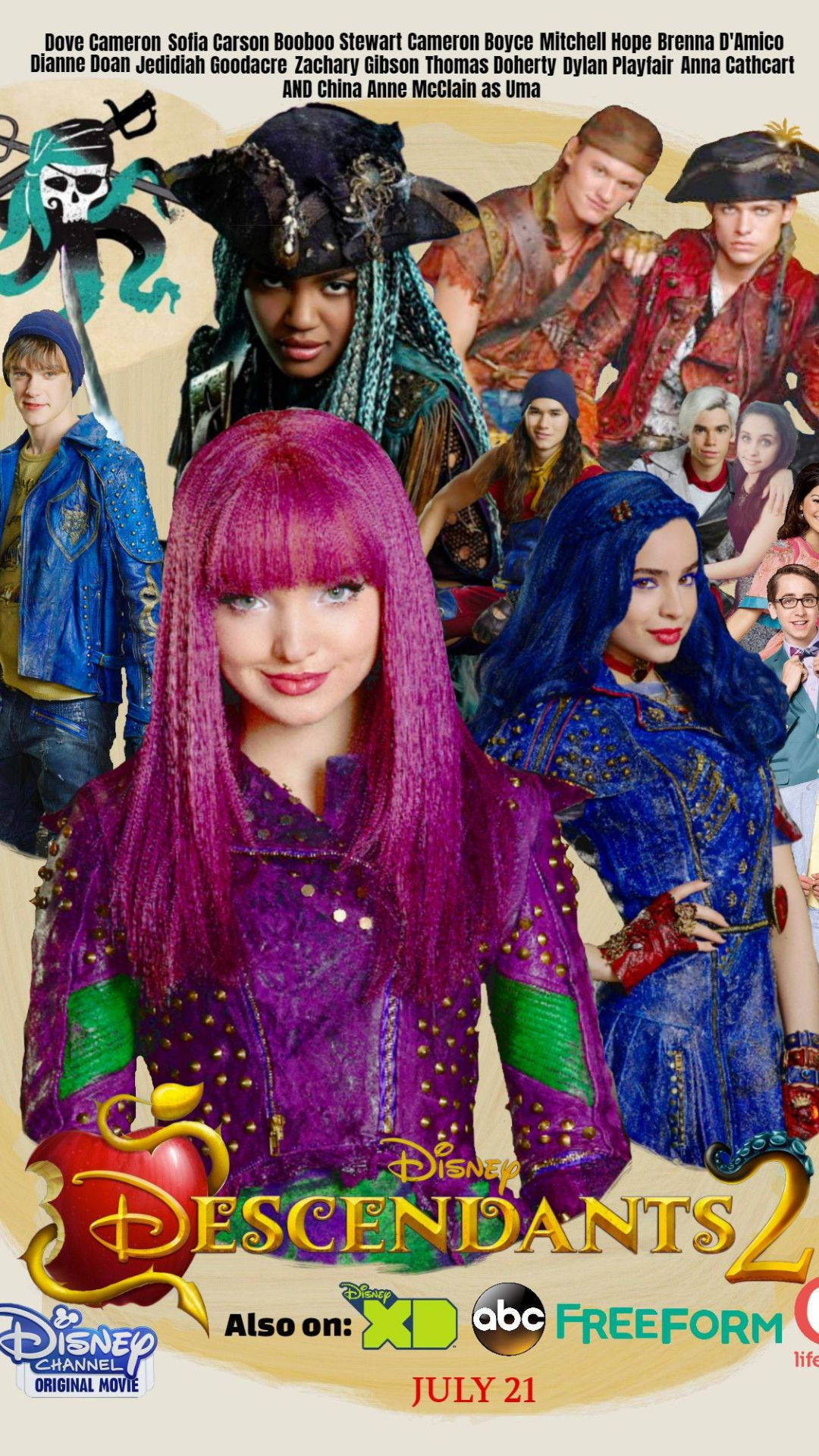 《繼承者2》的海盜隊伍 壁紙 — 《Descendants 2》充滿活力的海報，角色穿著色彩繽紛的服裝，背景風格化。
