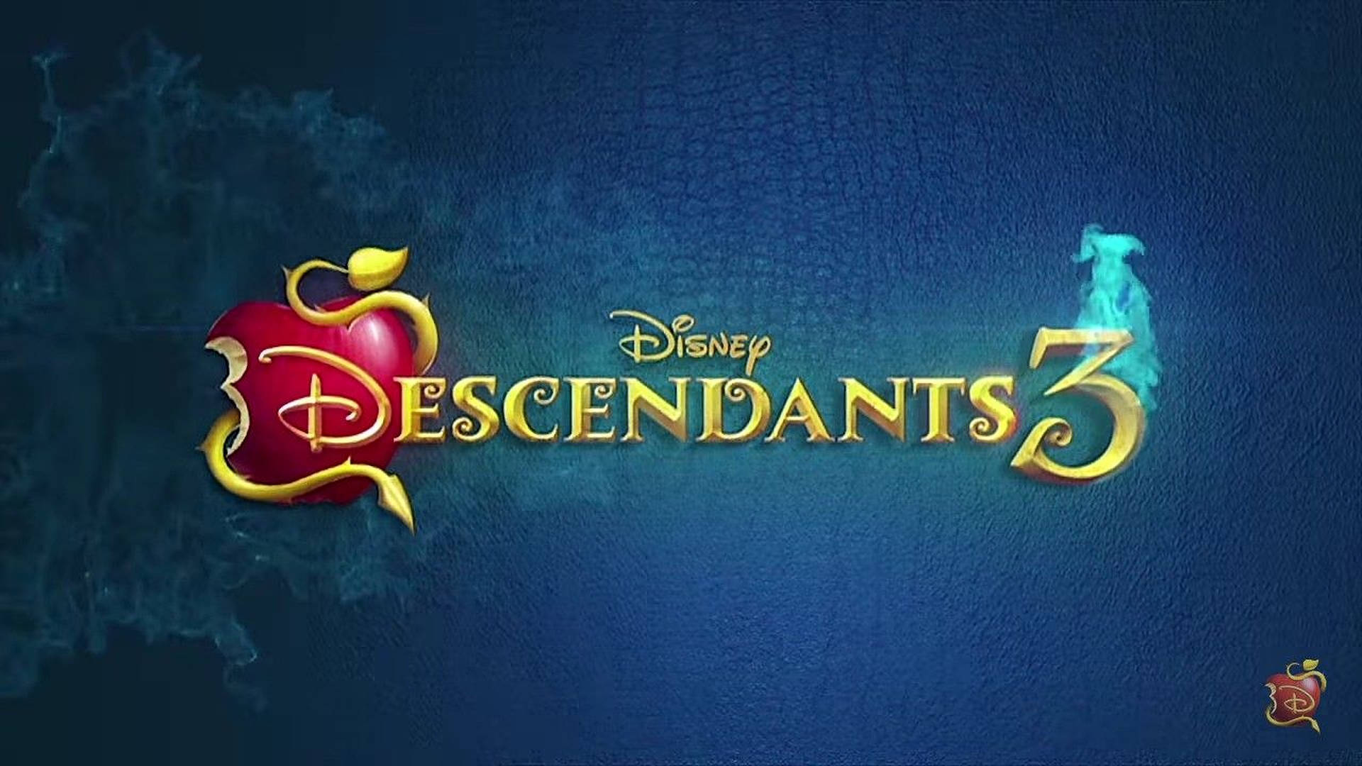 Disney Descendants 3電影標題標誌，帶有紅色蘋果和鬼影，背景為藍色。