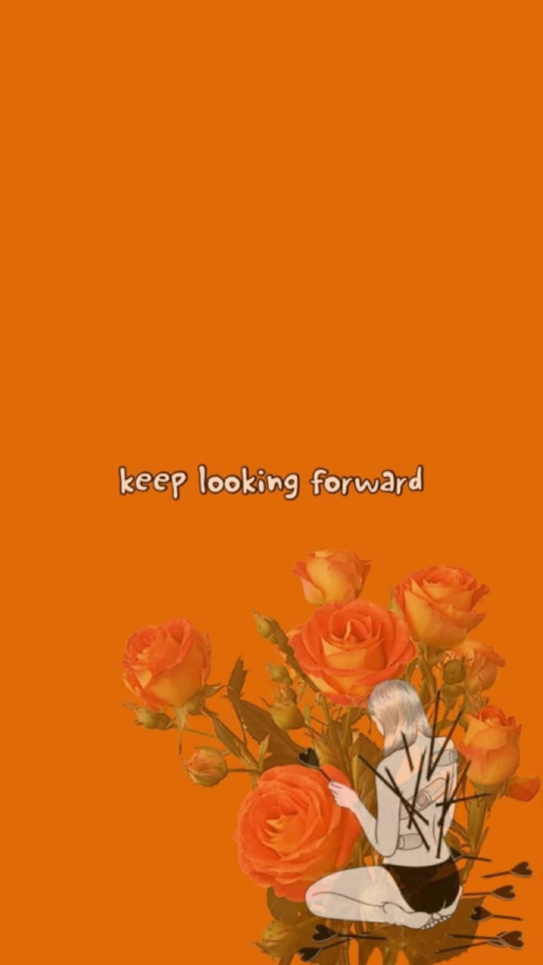 一個人坐在橙色玫瑰中，帶有文字 keep looking forward。