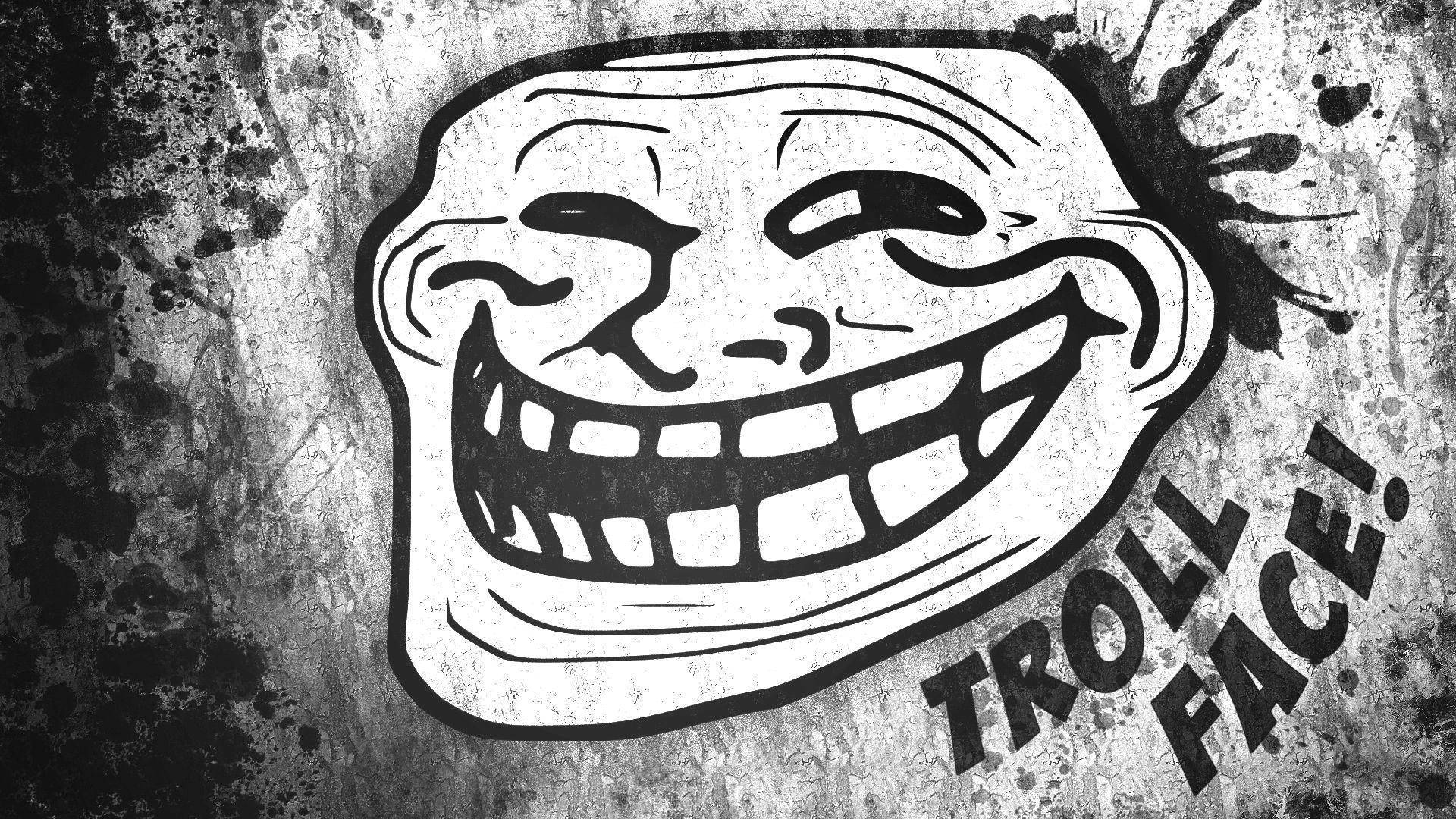 在磨損背景上帶有文字的 troll 臉插圖。