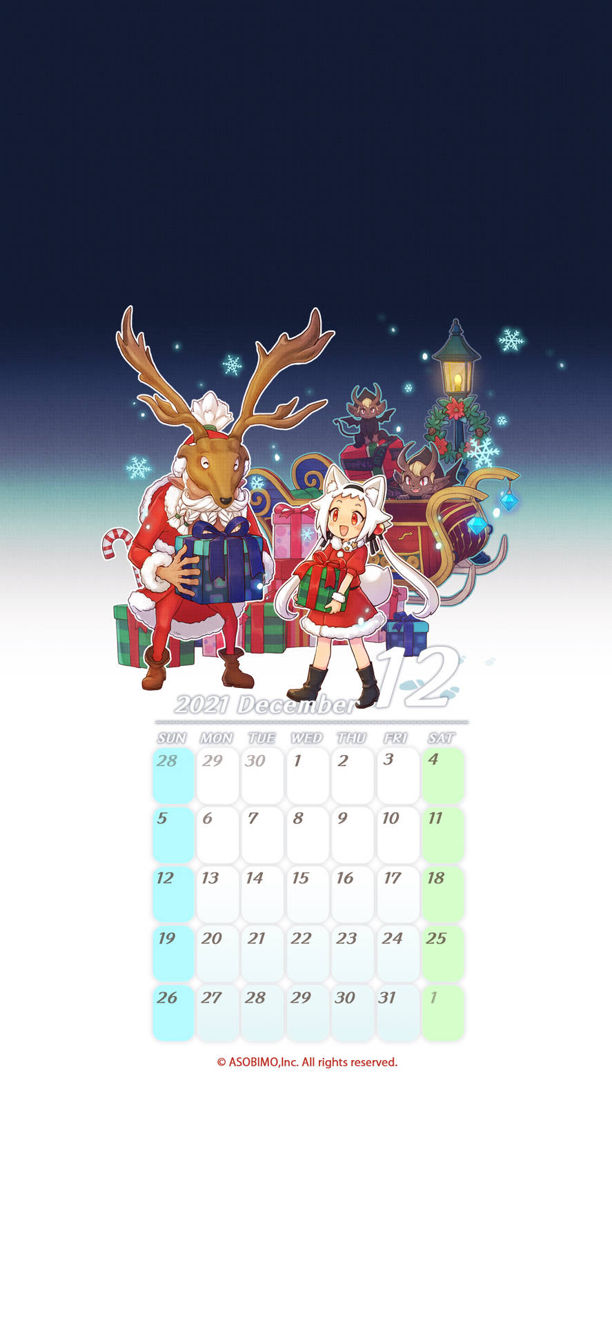 動漫馴鹿和穿著聖誕老人服裝的女孩，帶著禮物和雪橇，在2021年12月的日曆上。