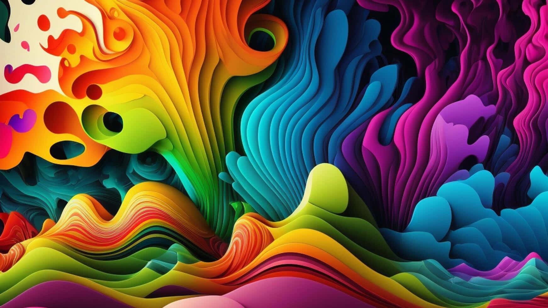 繽紛3D波浪數位藝術 壁紙 — 充滿活力的彩虹色層疊波浪在迷幻數位藝術作品中動態流過畫布。