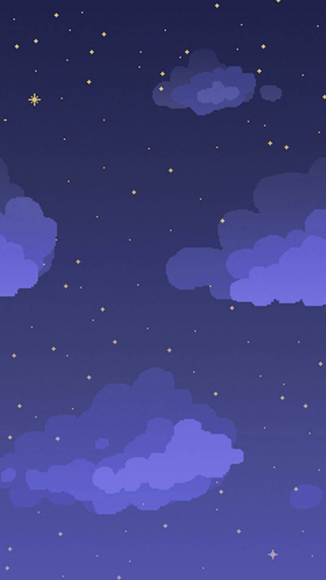 紫色雲朵在佈滿金色星星的星空下飄動。