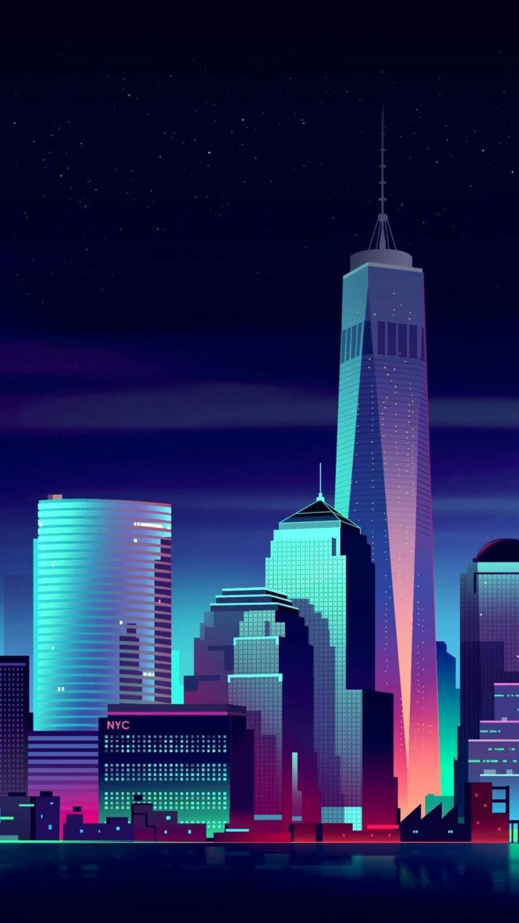 夜晚霓虹燈照亮嘅紐約市天際線，摩天大樓倒映喺水中。