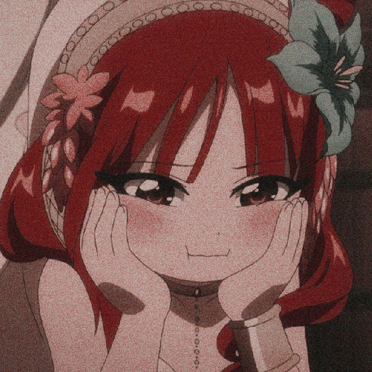 紅髮戴花的動漫女孩，雙手托腮微笑。