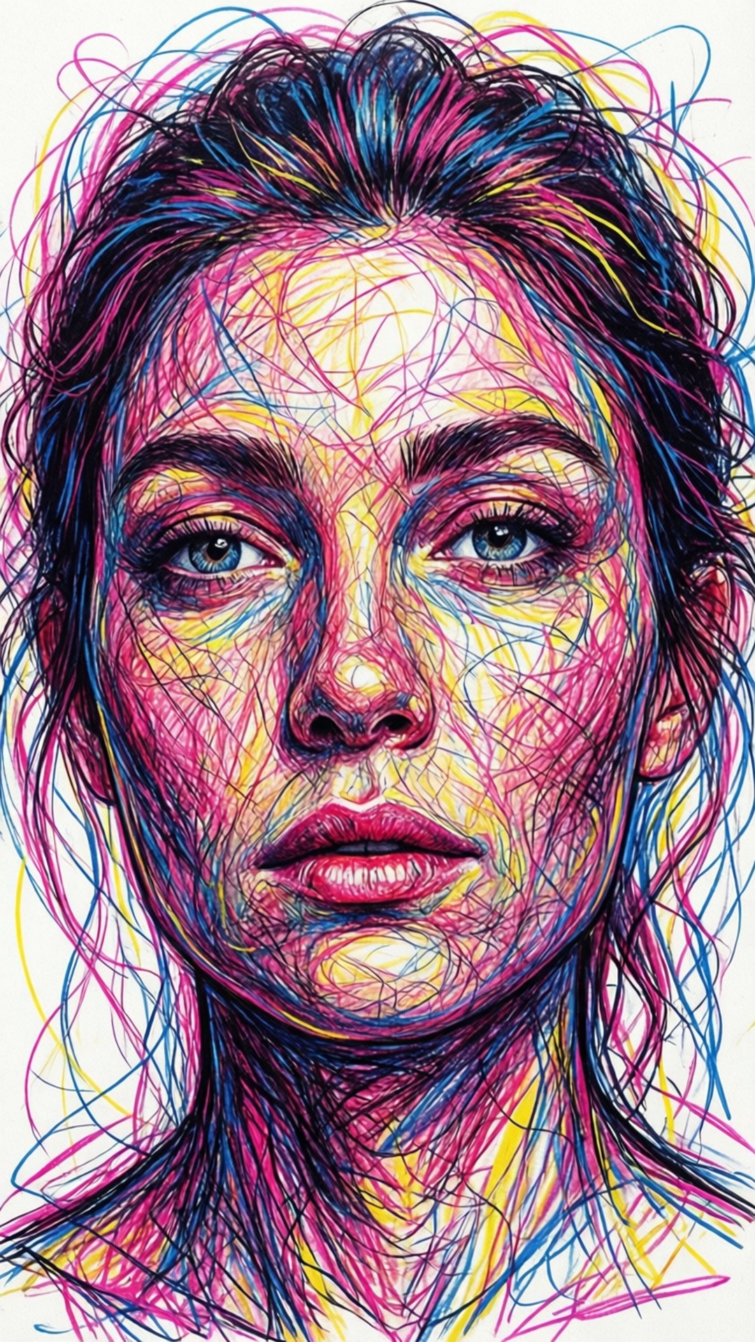 一幅色彩繽紛的抽象數位肖像，描繪一位眼神強烈的女性。