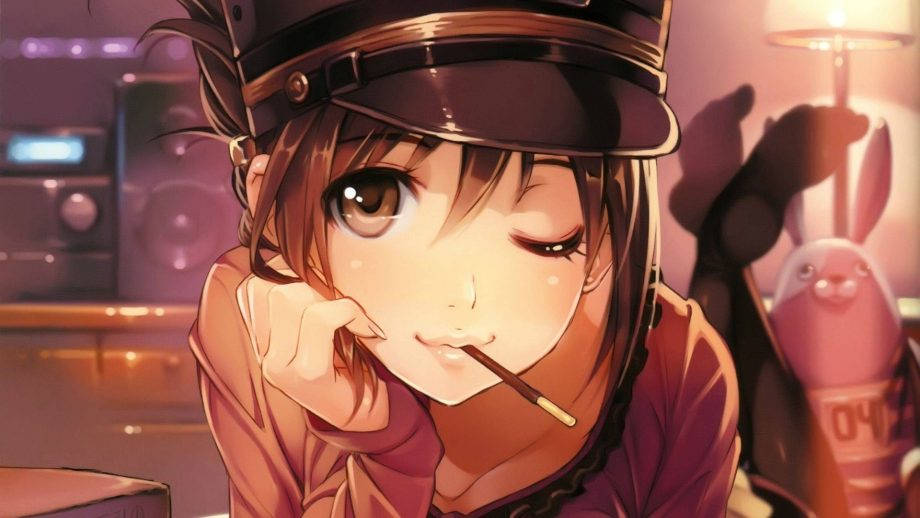 戴著列車長帽的動漫女孩在室內柔和燈光下拿著香煙。