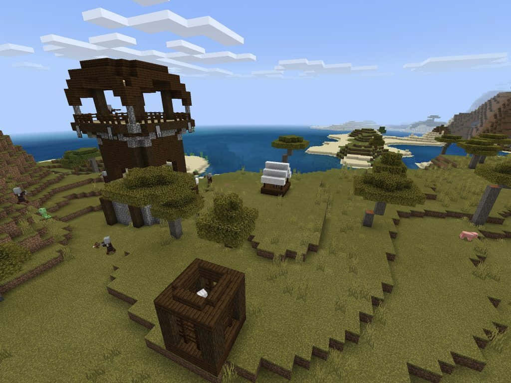 繽紛我的世界基岩版世界壁紙 壁紙 — 一個方塊風格的Minecraft海邊村莊，有木製建築、樹木和一隻豬，在晴朗的藍天下。