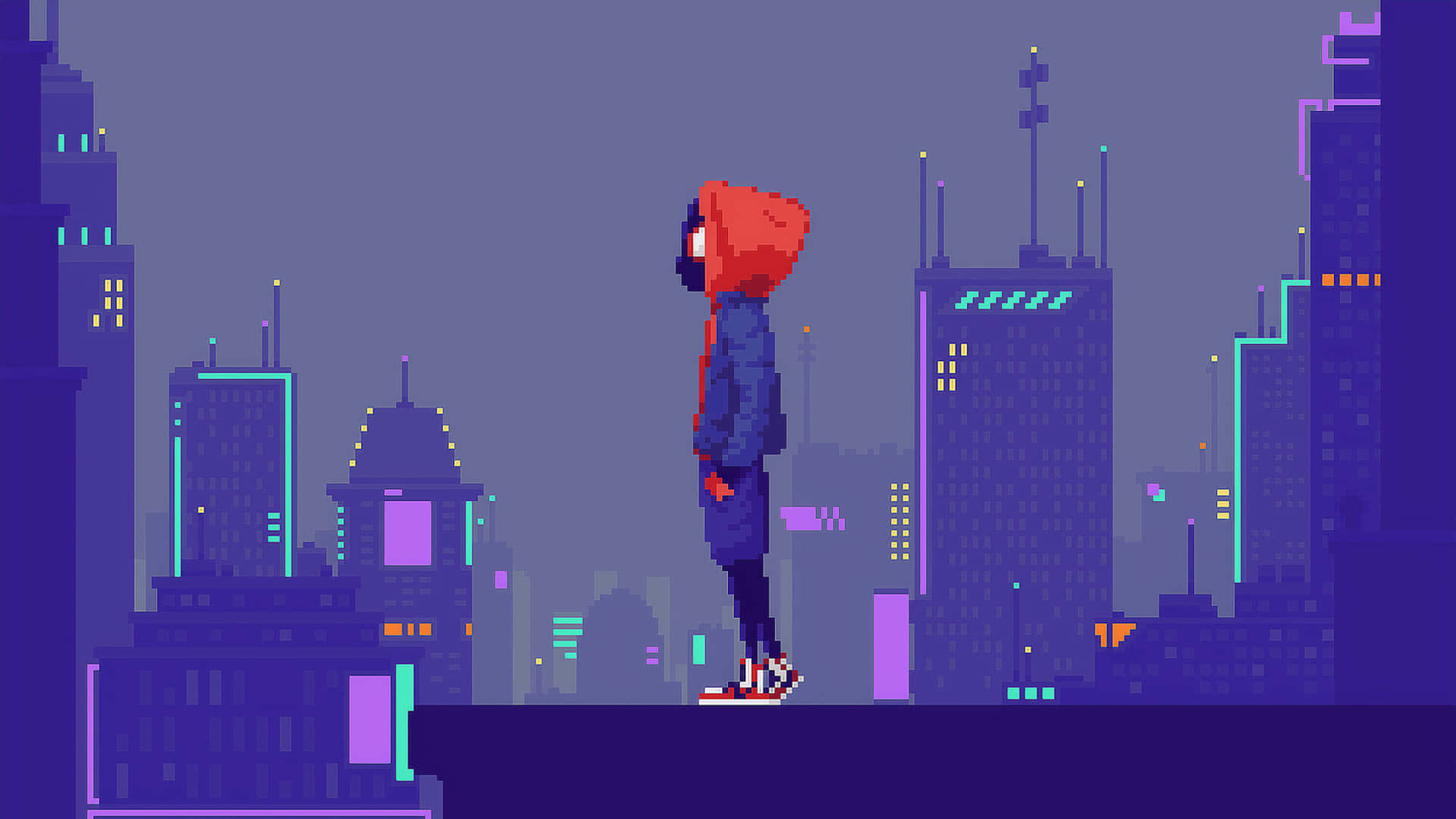 夜晚城市屋頂上，身穿紅色連帽衫的像素化人物，背景是發光的建築物。