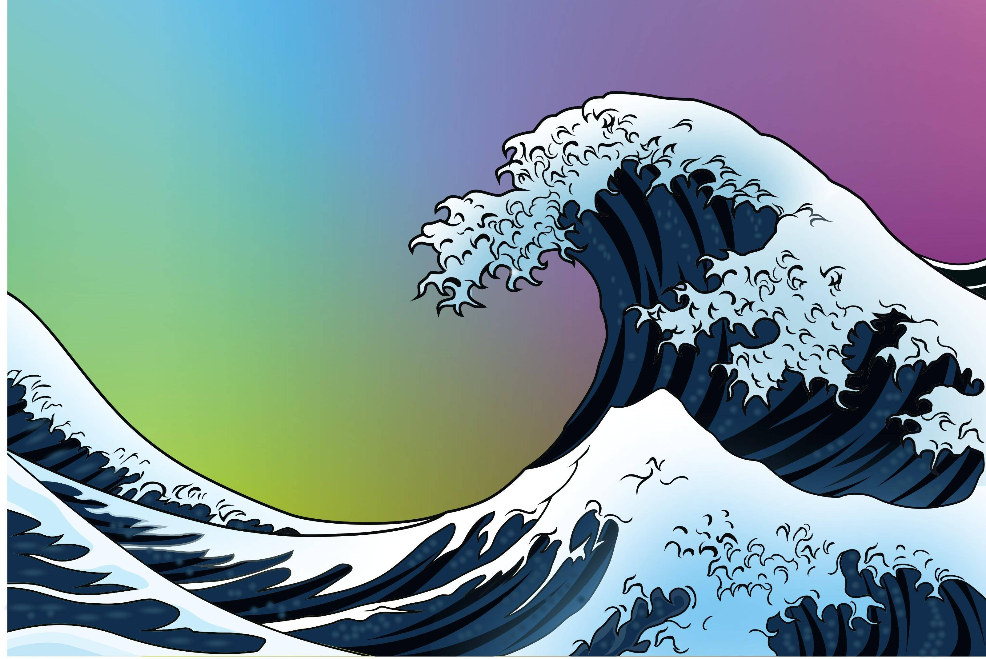 繽紛日式浪花彩虹天際 壁紙 — 一個風格化的波浪，帶有白色泡沫和深藍色波峰，背景是從青綠色到洋紅色的漸變天空。