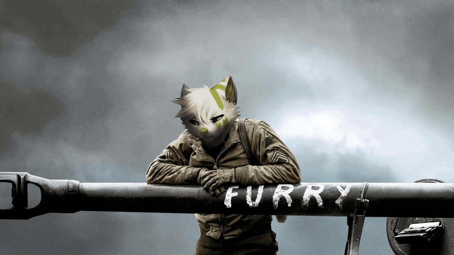 穿著軍裝的擬人化毛毛狐狸在暴風雲下靠在一支標有 'FURRY' 的步槍上。