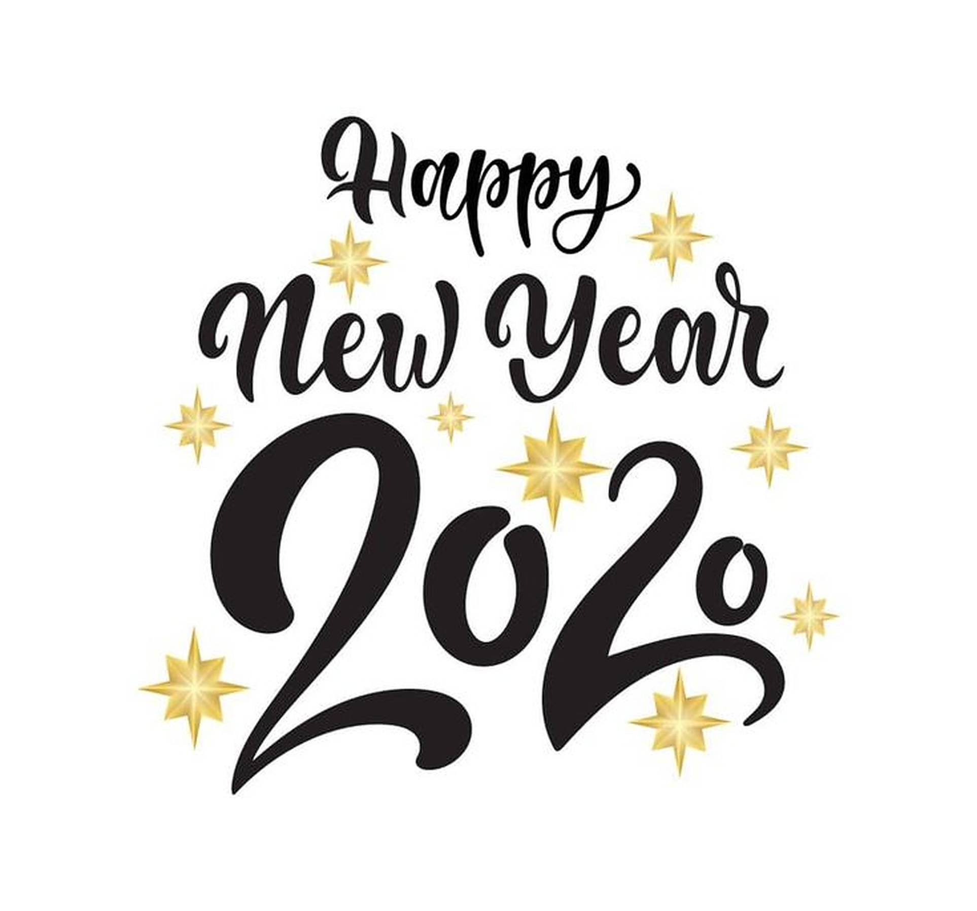 繽紛煙火慶祝2022新年 壁紙 — 優雅的黑色草書文字寫著「Happy New Year 2020」，周圍環繞著金色星星，背景為潔淨的白色。