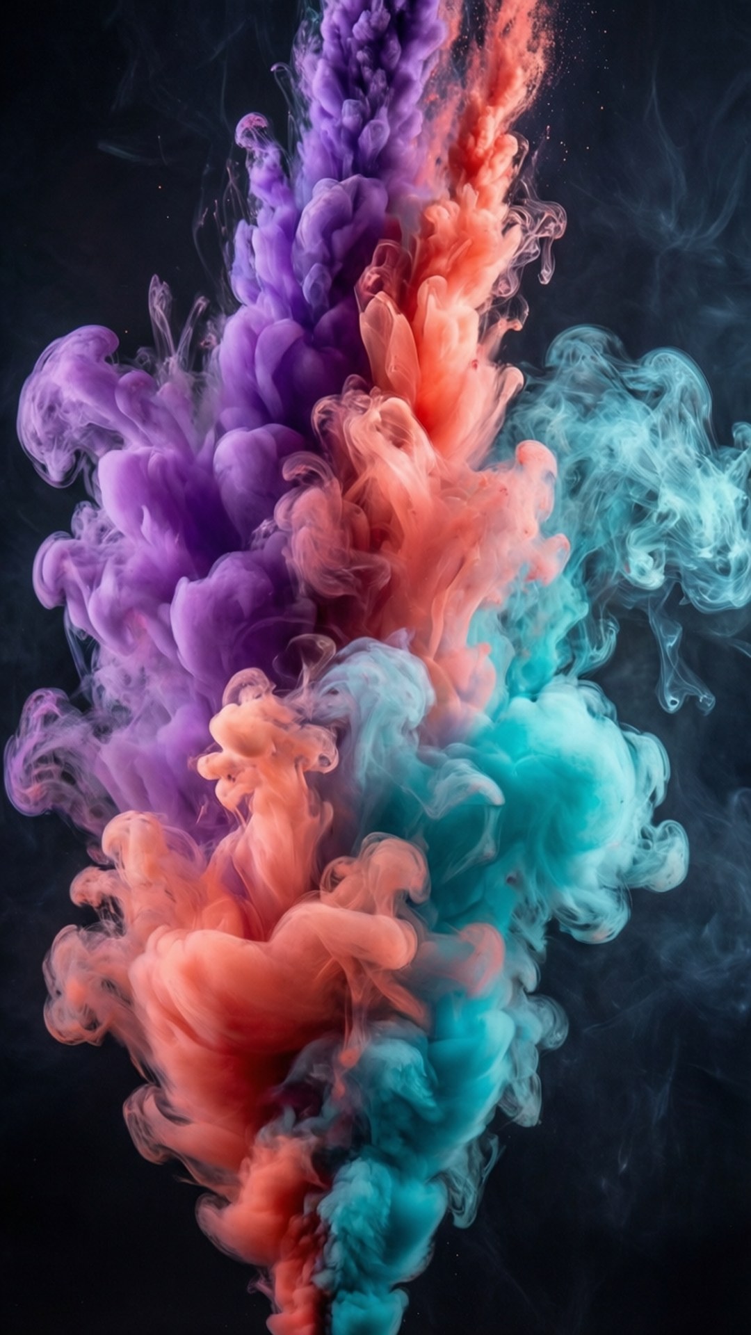 紫色珊瑚和藍綠色墨水在黑色背景上的動態漩渦。