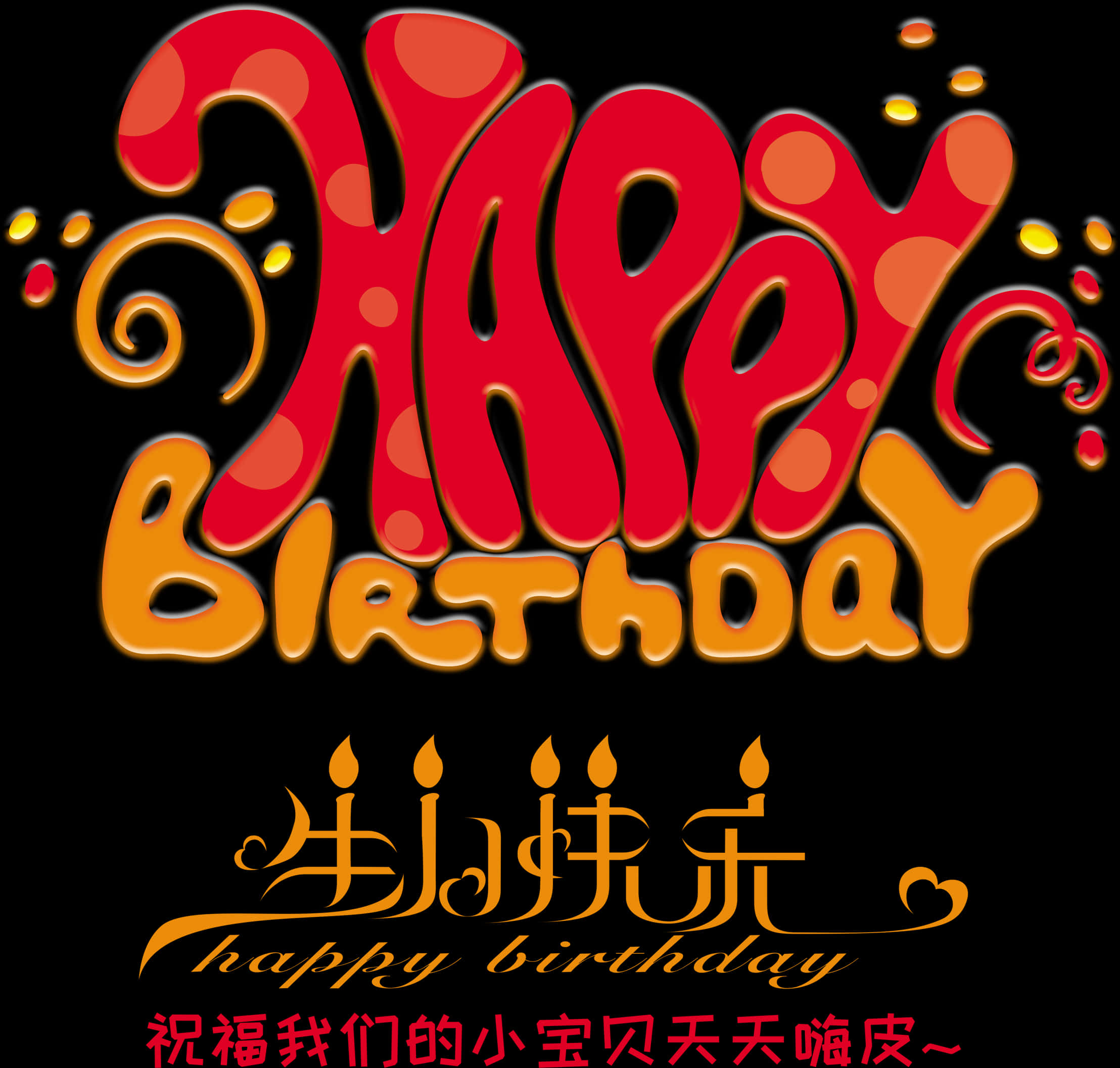 繽紛生日賀詞書法 壁紙 — 黑色背景上帶有中文字元和慶祝漩渦的醒目紅色和橙色「Happy Birthday」文字。