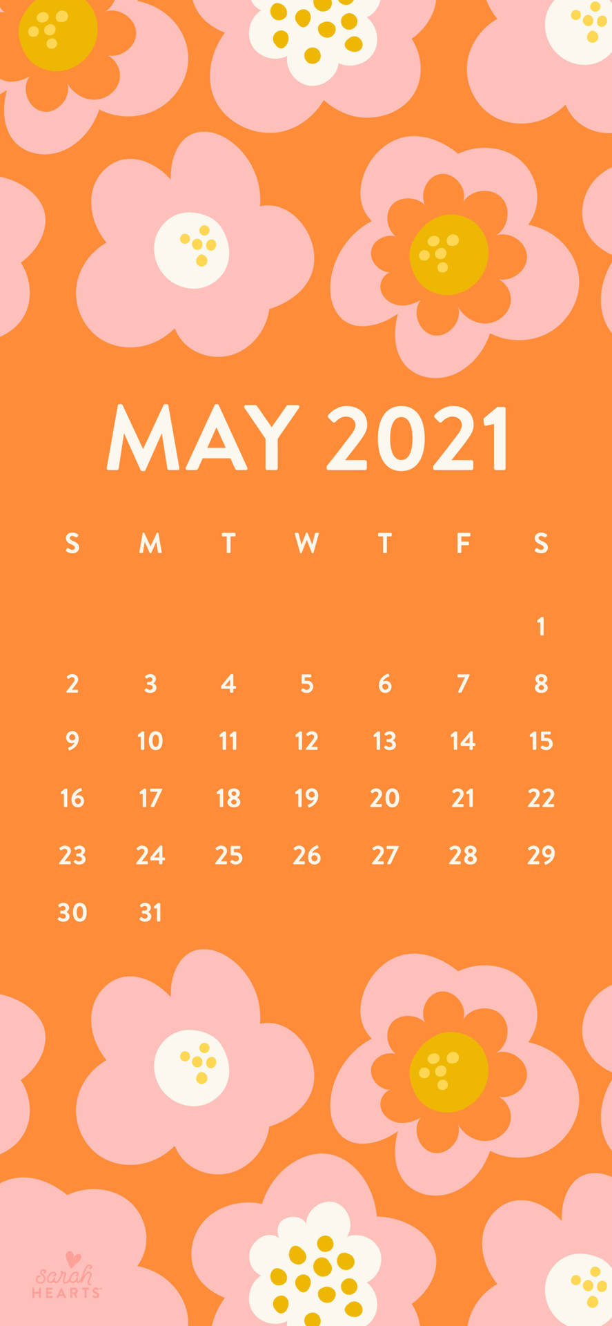 2021年5月日曆，橙色背景上有粉紅色和黃色花朵。