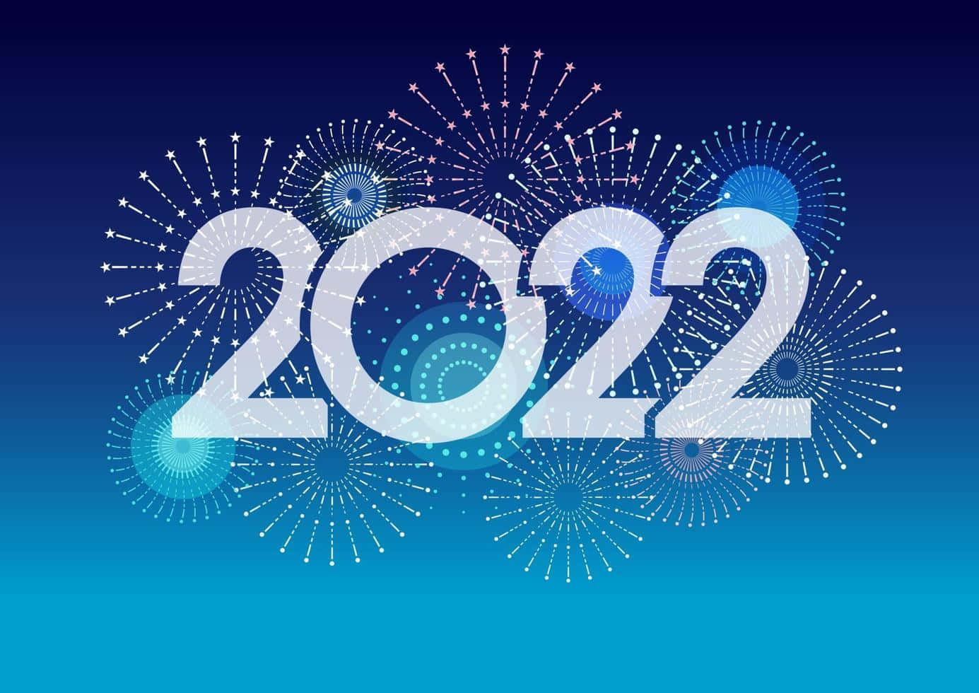 在漸變藍色背景上，帶有藍色煙火和圓形圖案的粗體白色 2022 文字。