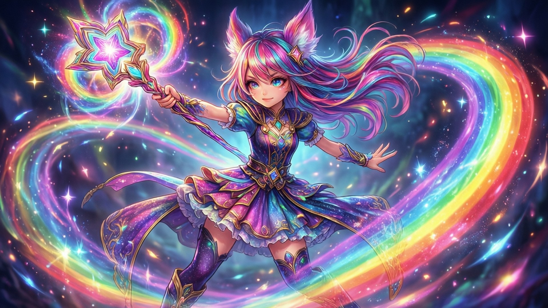 動漫女孩，彩虹色頭髮，在宇宙彩虹漩渦中手持發光星星魔杖。