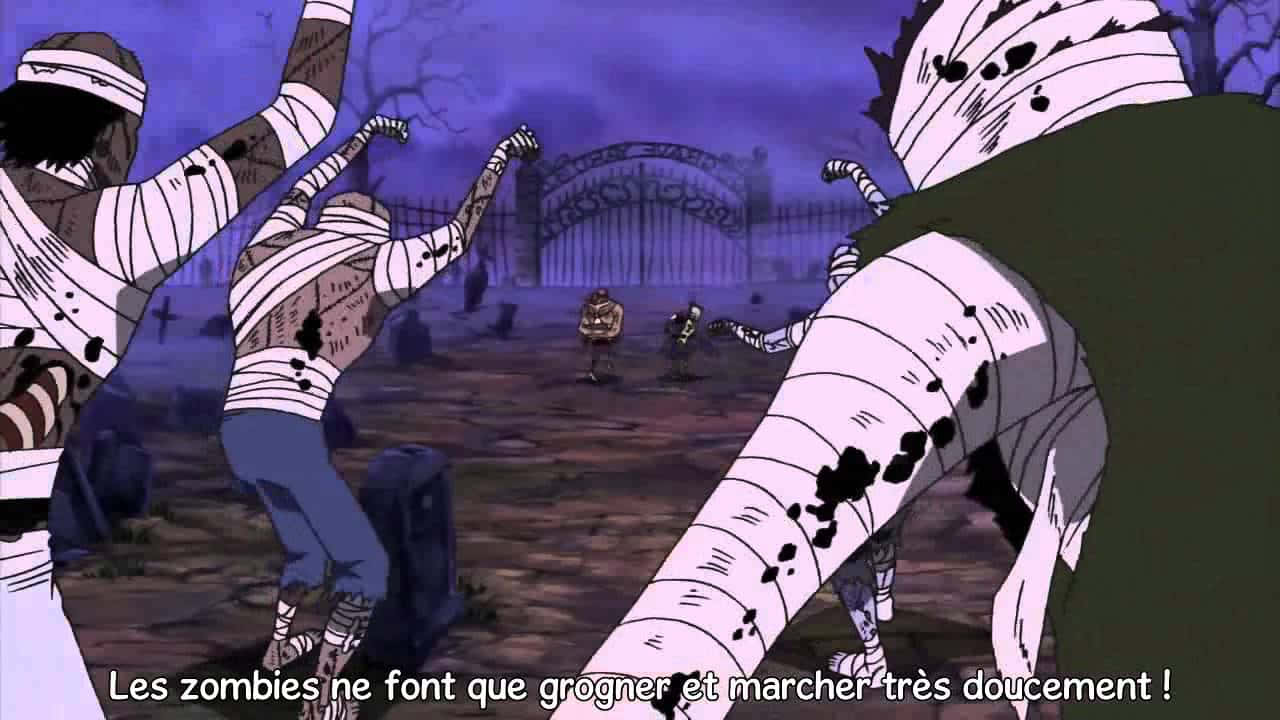 Thriller Bark 桌布 壁紙 — 纏著繃帶的喪屍在紫色黃昏天空下的陰森墓地中行進。