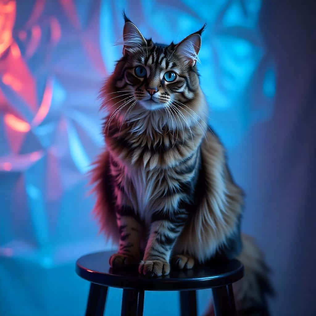 一隻毛茸茸的虎斑貓，藍色眼睛，坐在黑色凳子上，在霓虹燈工作室中。