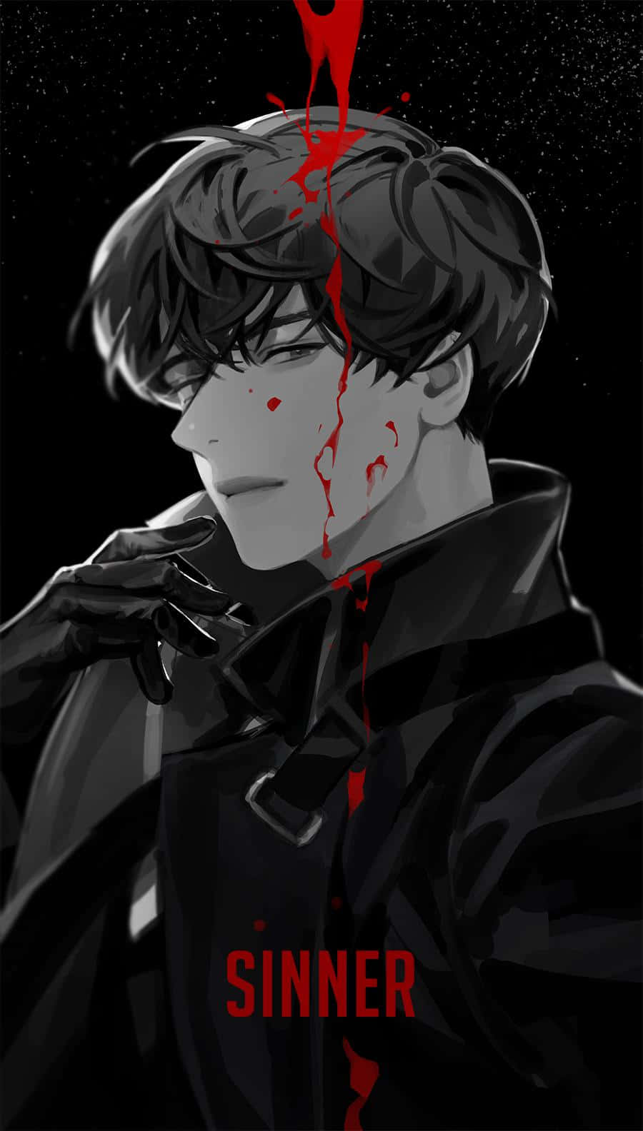 罪人全知者 壁紙 — 一個黑暗的動漫男性，頭部滴血，背景是星空黑色，帶有紅色的「sinner」字樣。
