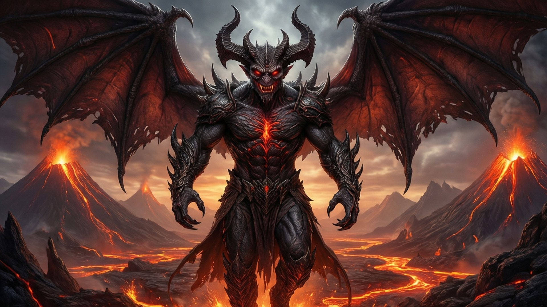 罪惡惡魔爆發 壁紙 — 一個高聳的惡魔形象，擁有發光的紅色眼睛和巨大的翅膀，站在一個熾熱的火山景觀中，有熔岩河流和噴發的山脈。