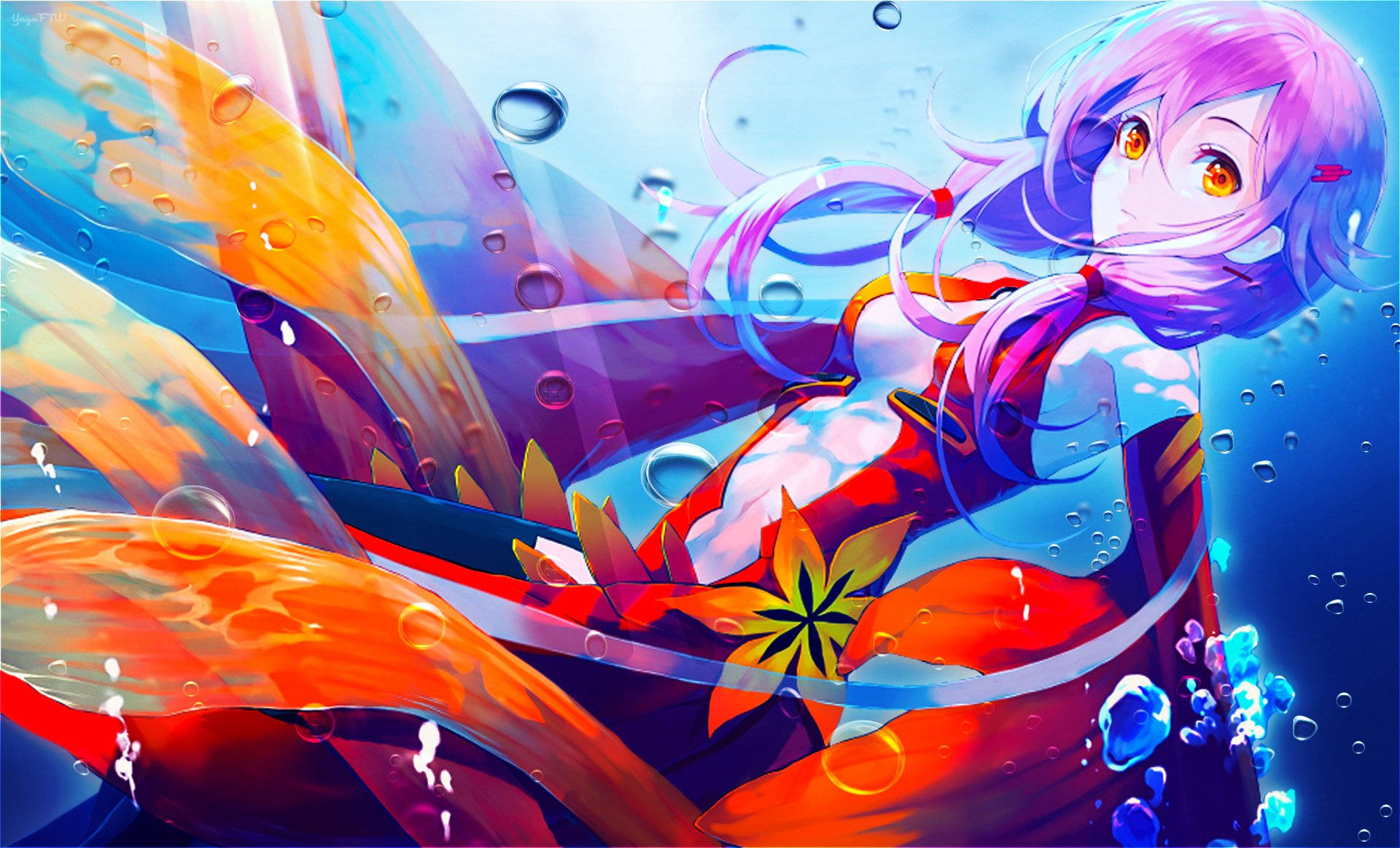 《罪惡王冠》Inori水下場景 壁紙 — 一個充滿活力的動漫女孩，紫色頭髮和橙色眼睛，在色彩繽紛的水中游泳，周圍有氣泡和飄動的絲帶。
