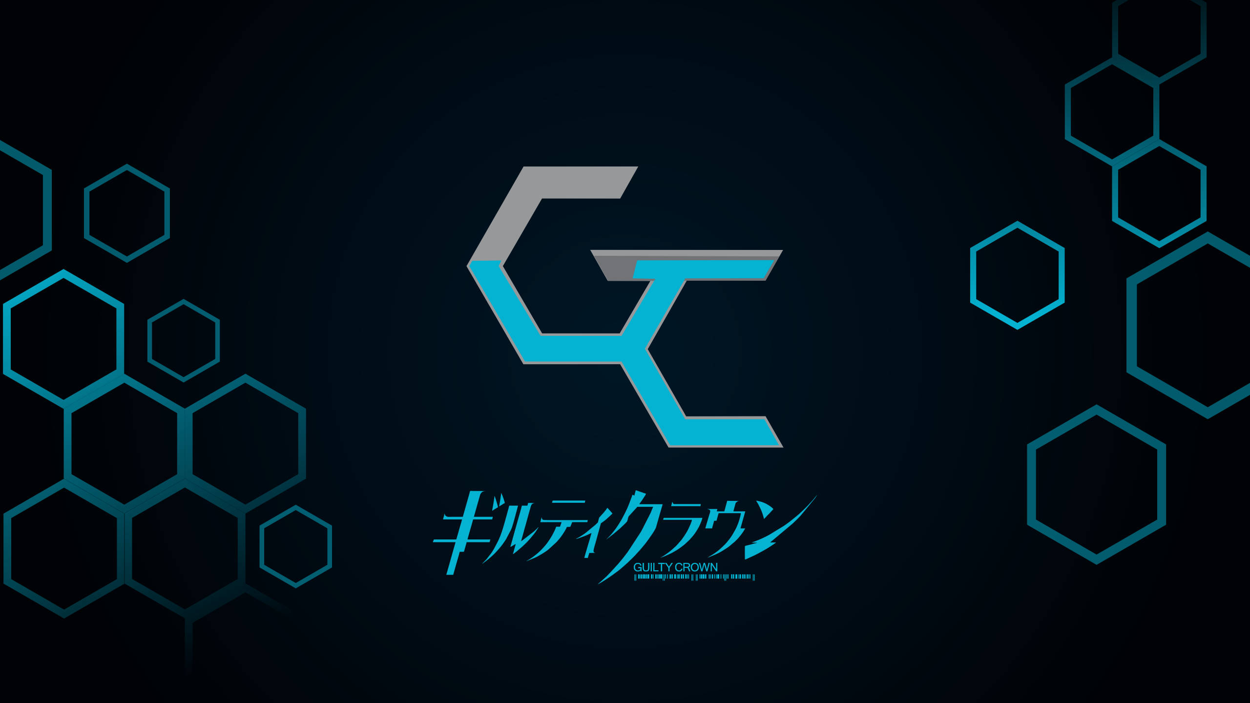 《罪惡王冠》藍色標誌 壁紙 — 一個時尚的藍灰色「GC」標誌，帶有日文字，在裝飾著發光六邊形的黑暗背景上發光。