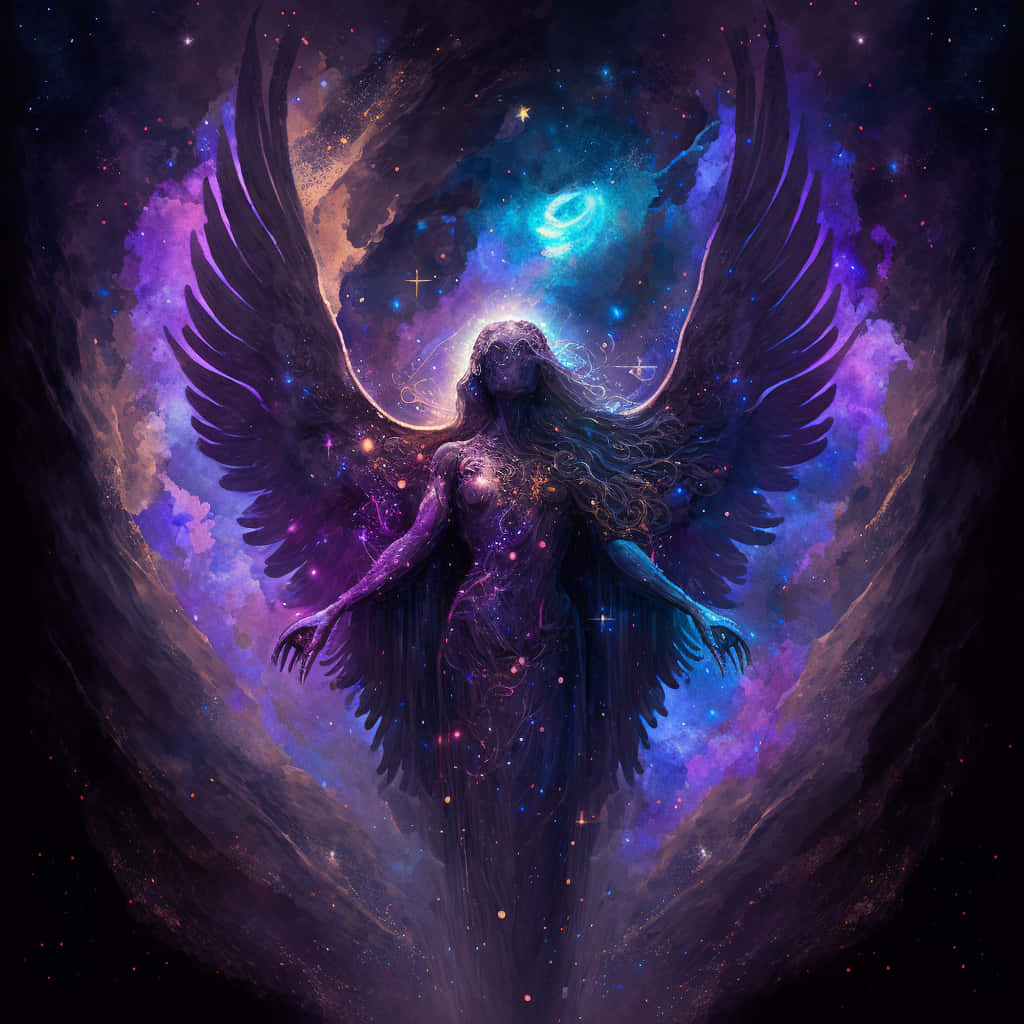 一位有翼天使被鮮豔的宇宙雲和發光的螺旋星系環繞。