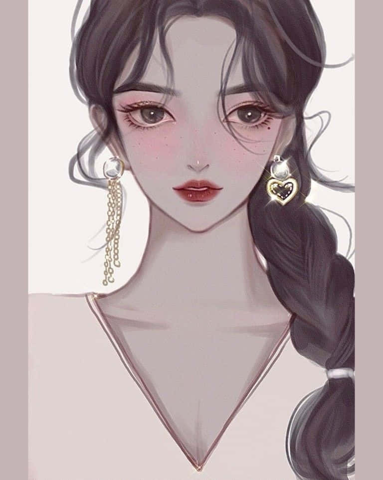 動漫風格肖像，一位女性擁有深色辮子頭髮和裝飾性耳環。